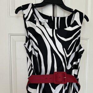 Dress Barn black and white dress with red belt, size 12
